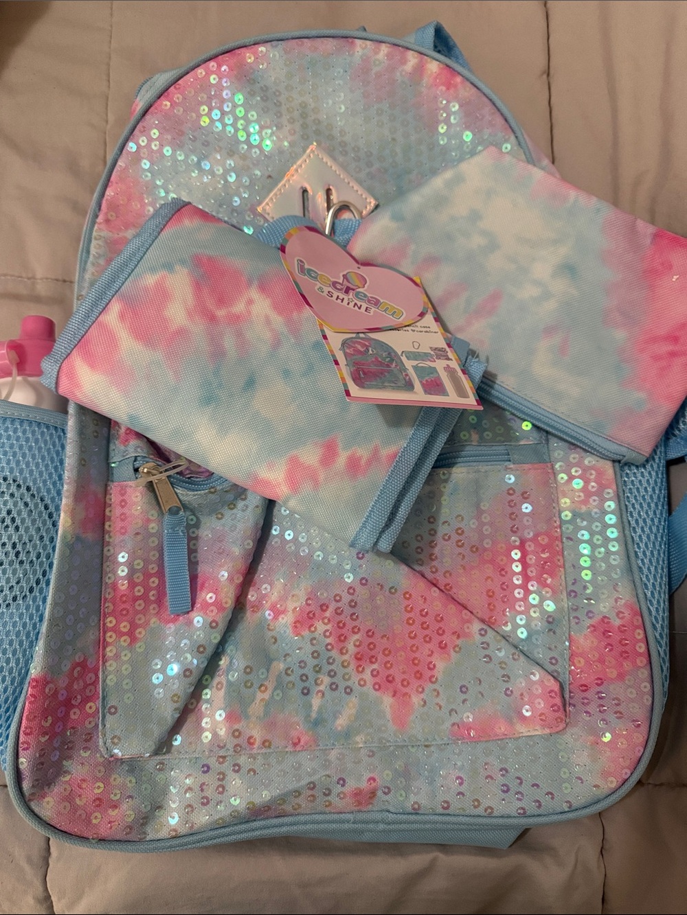 Sequin Tie-Dye Kids Backpack & Pouch - Pastel Pink & Blue